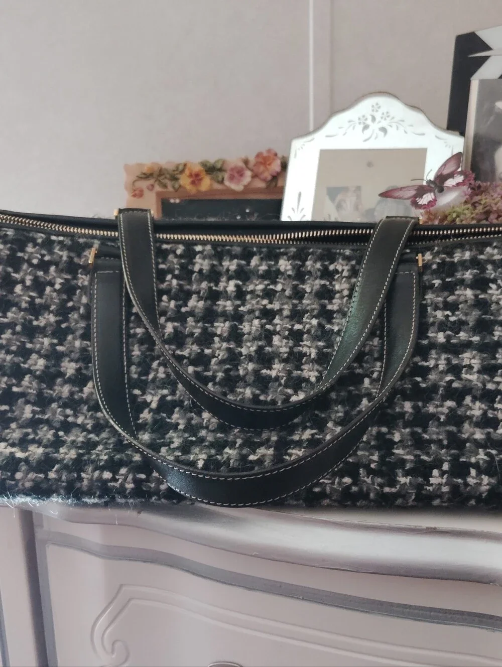 Authentic Kate Spade $350 Boucle Tweed Black & Gray Satchel Handbag